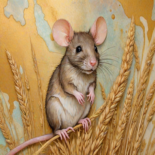 Soft, muted Alcohol Ink with ebru effect background image of tiny whimsical rat, who climbed high on the top of a golden rye ear.
