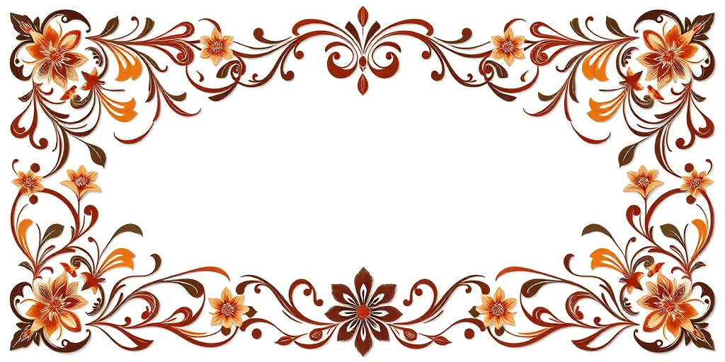 Create an elegant border design with intricate floral and swirl patterns, use a Canon EOS R5, 50mm lens, f/2.8, 1/125s, ISO 100, top-down view, natural lighting for vibrant detail and clarity.