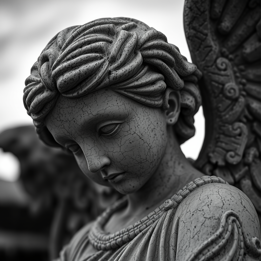 Create a highly detailed black and white close-up of an angel statue with intricate textures in the stone, captured with a Canon EOS R5, 85mm lens, f/1.8, ISO 100, at dusk for soft lighting and a shallow depth of field.