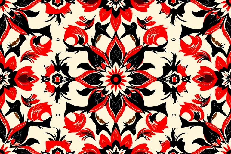 regenerate a seamless pattern with intricate floral motifs in red, black, and cream colors, using a high-resolution digital camera, ISO 100, f/8 aperture, 50mm lens, top-down view, in a vibrant and detailed style to enhance clarity and color richness