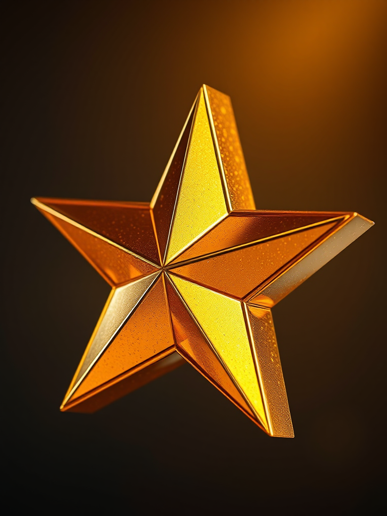 Create a high-resolution image of a three-dimensional golden star with sharp edges and a metallic sheen, using a Canon EOS R camera with a 50mm lens at f/1.8, ISO 100, shutter speed 1/200s, soft lighting to enhance reflections and textures, composition centered with a blurred gradient background.