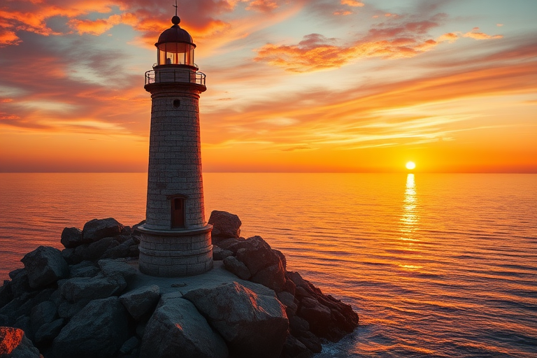 Generate an image of a tall lighthouse perched on a rocky outcrop surrounded by calm ocean waters during a breathtaking sunset. The lighthouse stands sturdy and weathered, its stone surface illuminated by the warm golden light of the setting sun. The sun's rays pass directly through the glass lantern room at the top of the lighthouse, casting a brilliant light across the scene. The sky is painted with vibrant shades of orange, pink, and purple, reflecting off the tranquil sea. The surrounding water shimmers with the same warm hues, creating a serene and majestic atmosphere.