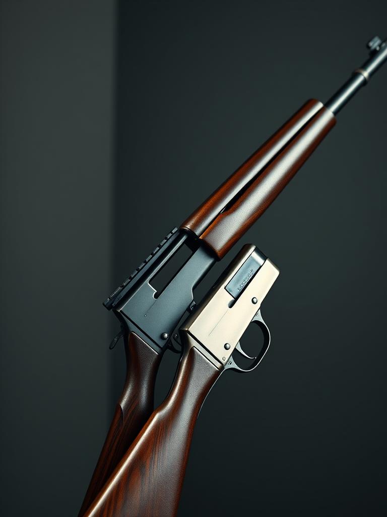 Generate a high-quality image of two crossed rifles with a metallic finish, using a DSLR camera with a 50mm lens, aperture set to f/2.8, ISO 100, in a well-lit studio environment, with a focus on depth of field to emphasize the details of the rifles and a soft background blur.