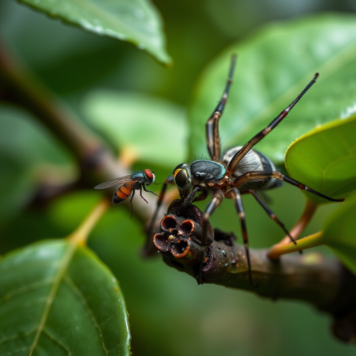 Spectacular photography, 300dpi, digital noise free, extremely clear, ultra-realistic, inside focus, best angle view, with intricate details of a small and tiny fly, standing on a branch of a tree, partially covered with green leaves. A large and majestic spider, jumping over the fly, right in front of the fly with its body arched and the sting completely out of its abdomen pointing at the fly's body and prepared in an attacking and aggressive position, stares at it and watches stealthily. Both within focus . Proportion of size. Light of day. National Geographic style