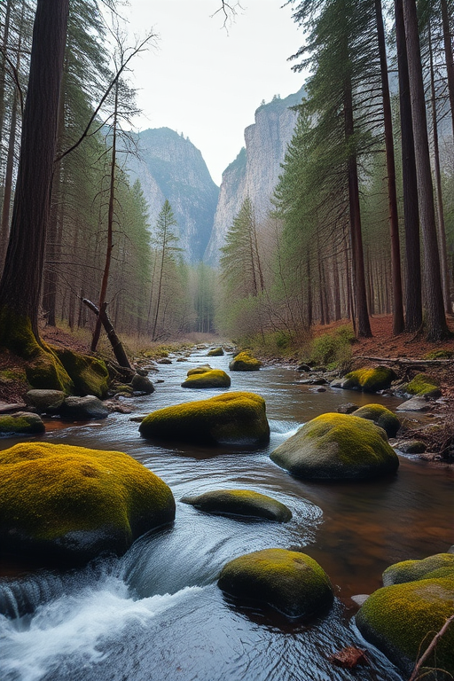 Generate a serene landscape image of a forest with a calm river flowing through it, with moss-covered rocks and towering cliffs in the background, captured with a Canon EOS R5, 24mm lens, f/8 aperture, ISO 100, 1/2 sec shutter speed, soft natural lighting, and a wide-angle perspective to enhance depth.