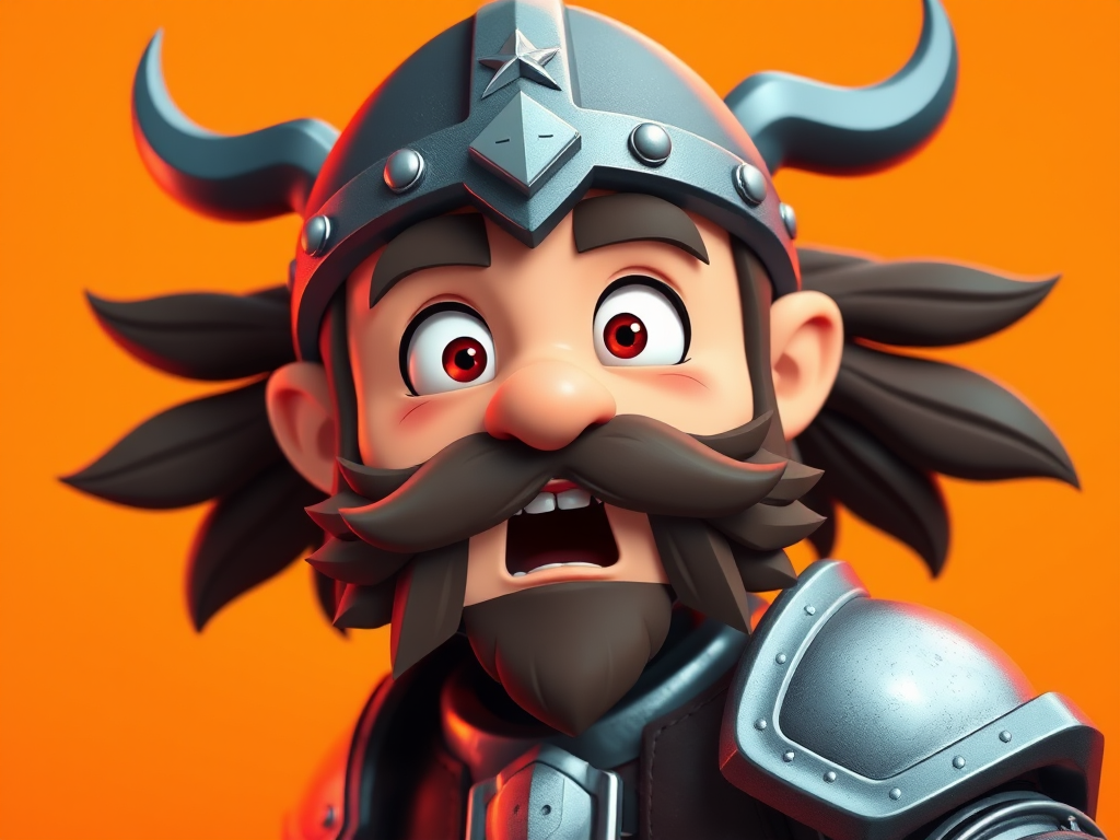Create a vibrant cartoon character portrait of a mustached warrior in armor with a surprised expression against a solid orange background, using a DSLR camera with a 50mm lens, aperture f/1.8, ISO 100, and a shallow depth of field to enhance the image quality.