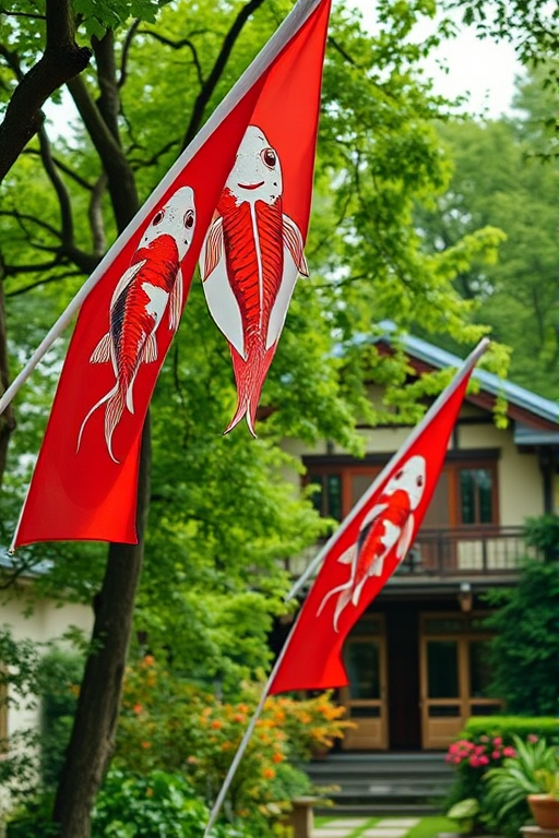 capture koi nobori flags fluttering in the breeze in a lush green garden with a rustic house in the background, use a Canon EOS R5 camera, 50mm lens, aperture f/2.8, ISO 100, shutter speed 1/200s, vibrant colors and sharp details, slightly low angle view to emphasize the flags against the trees