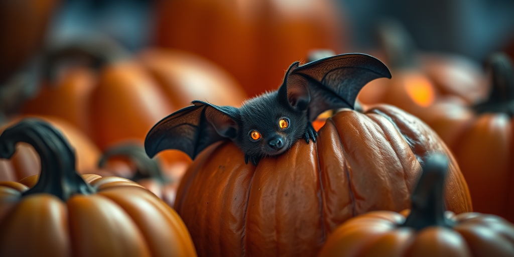 a cute bat peeking out from a carved pumpkin with glowing eyes, surrounded by softly lit autumn pumpkins, warm ambient light, shallow depth of field, Canon EOS 5D Mark IV, 50mm f/1.2 lens, ISO 200, f/1.8, 1/200 sec