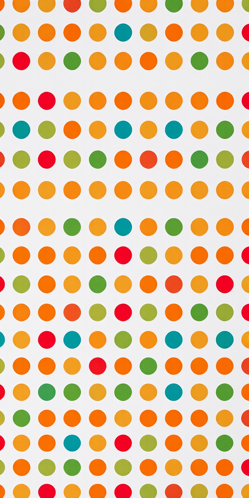 generate a repeating pattern of colorful polka dots in red, orange, green, and blue on a white background with a Canon EOS R5, 50mm f/1.8 lens, aperture f/2.8, ISO 100, and a flat lay view to enhance image quality