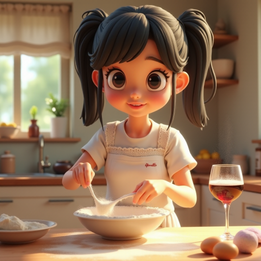A Pixar-style CGI girl with black hair and black eyes wearing a white apron with lace stands in a kitchen and kneads cake batter. There is flour dust in the air, a glass of wine on the table and the cake ingredients are scattered around. 3D, with "ipic ai" text at the back