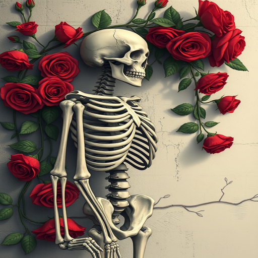 Create a detailed illustration of a skeleton leaning against a wall adorned with classic red roses, capturing intricate bone structure and floral detail using a Canon EOS R with a 50mm f/1.8 lens, aperture set to f/4, ISO 100, shot at shallow depth of field for a soft background blur.