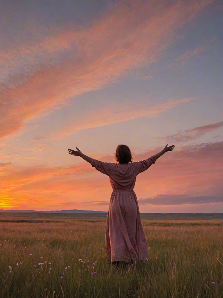 Sunset over an open prairie, the sky painted with hues of orange and pink, a woman stands alone on the grassland, her arms outstretched as if to embrace the vastness around her.