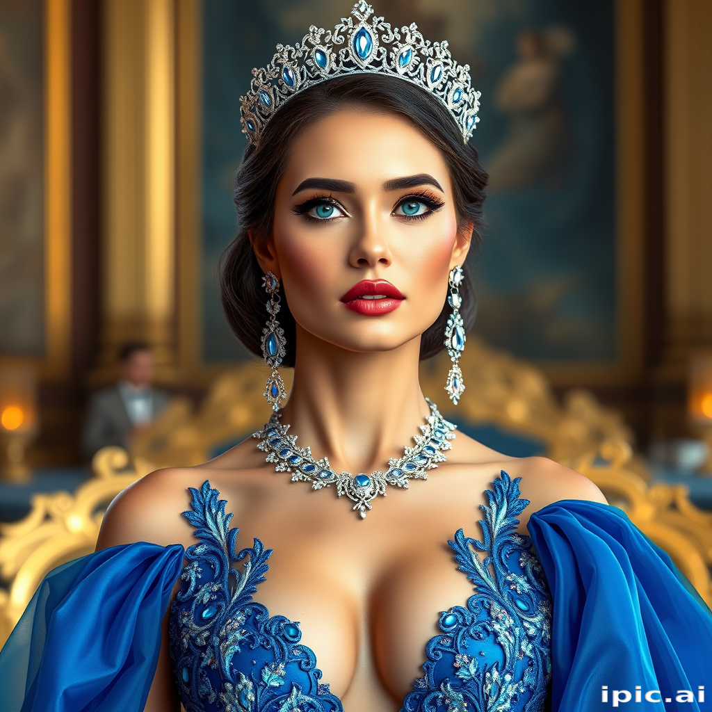 A gorgeous woman in a luxurious blue gown, accessorized with a dazzling tiara and statement earrings, her deep blue eyes highlighted by impeccable makeup, poised in a royal setting, photorealistic, 8K quality