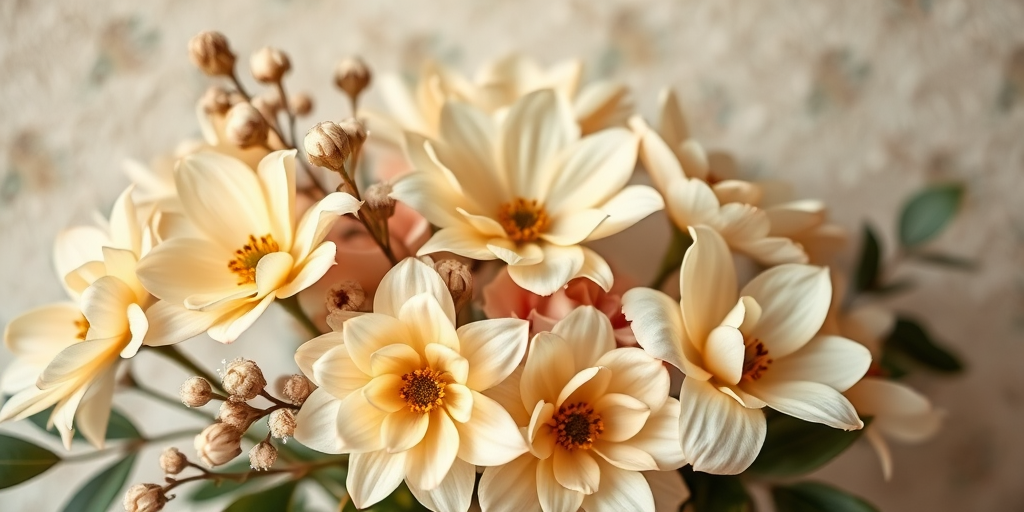 create a soft-focus floral arrangement in pastel tones with beige and cream flowers against a textured background, shallow depth of field, 50mm lens, f/2.8, natural light, DSLR camera, high resolution