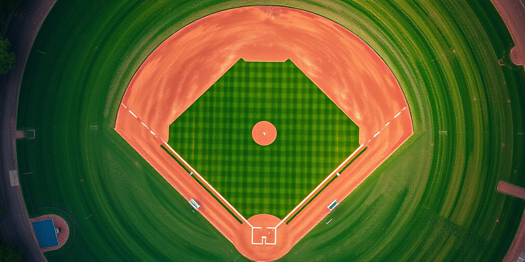 create a high-resolution aerial view of a baseball diamond with a vibrant green outfield, clay infield, and detailed base markings, using a DSLR camera with a 24mm lens, f/8 aperture, ISO 100, and a shallow depth of field for enhanced color contrast and clarity.