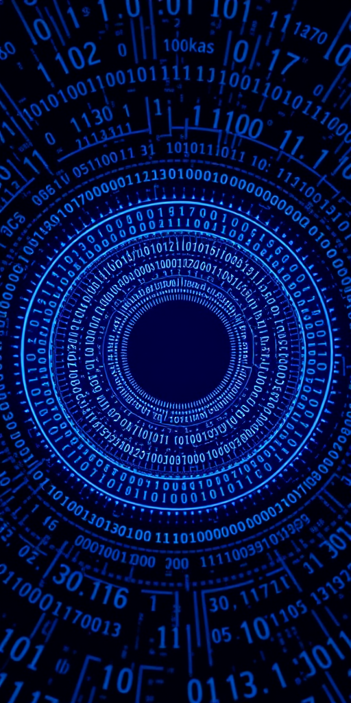 Create a digital abstract background featuring a circular maze of binary code with a futuristic blue gradient, using a wide-angle lens, f/8 aperture, 1/60 shutter speed, ISO 200, and shot from a low angle with a DSLR camera for enhanced clarity and depth.