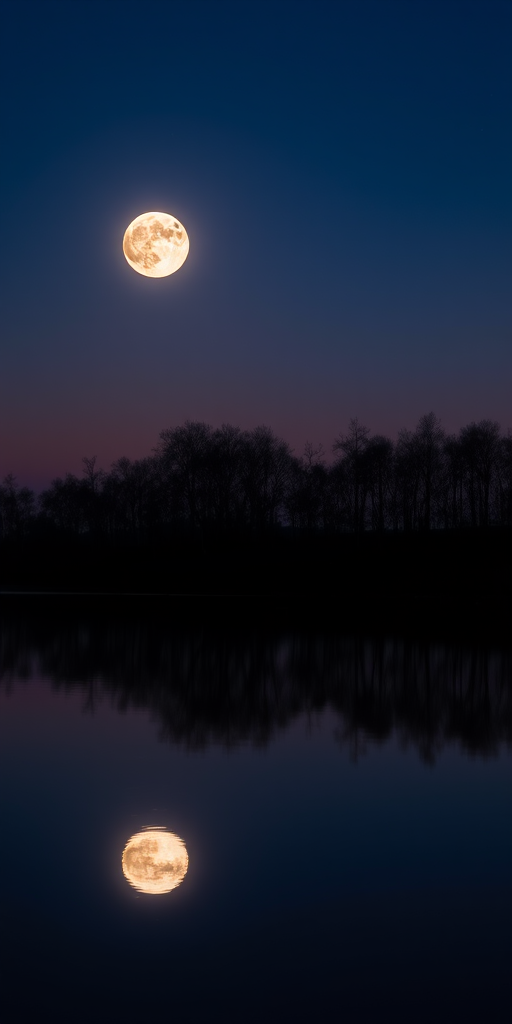night landscape with full moon reflecting in calm water, trees silhouetted against the twilight sky, 50mm lens, f/8 aperture, ISO 100, long exposure, tripod-mounted DSLR camera
