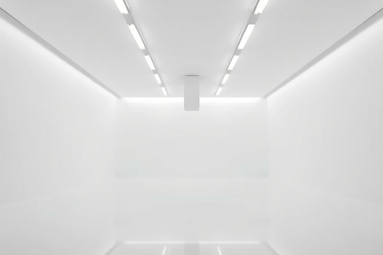 create a minimalist empty white room with linear ceiling lights evenly spaced, soft ambient lighting, captured with a Canon EOS R5 at f/8 aperture, ISO 100, 24mm lens in a wide-angle perspective for enhanced clarity and symmetry