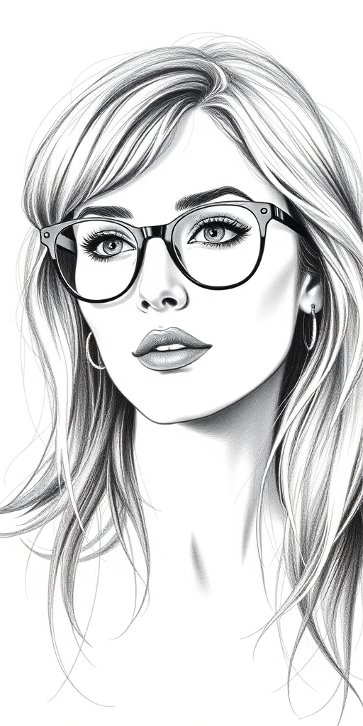 Beautiful Rooney Mara, pencil sketch, portrait of beautiful woman 60s in glasses, hair style beatnik, outline, clear lines, fine lines, 8k