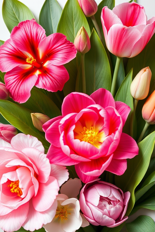 Create a vibrant botanical illustration featuring various flowers including hibiscus, peonies, and tulips, positioned artistically with lush green leaves, captured in high resolution using a Canon EOS R5 with a 50mm f/1.2 lens, at f/8 for sharp detail, in natural light for enhanced color accuracy, with a macro photography style to emphasize the intricate details of each flower.