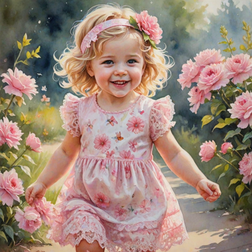 hyperrealism happy smiling toddler girl with messy wavy blonde hair with a headband, she is wearing a pink and white lace dress with pink and white shoes, she is holding a pink bouquet of flowers. Pink flowers and butterflies. summer background. Watercolor Highly detailed
