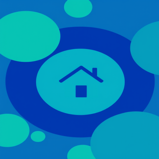 create a vivid digital illustration of a minimalist house icon centered in a deep blue circle, surrounded by various overlapping circles in soft green and teal shades, use a high resolution of 300 DPI, shot from a frontal view with a clean and bright style, simulated with a DSLR camera type, aperture set to f/2.8 for depth of field.