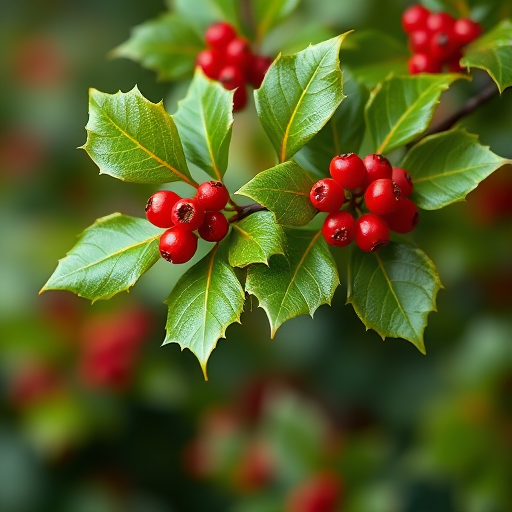 create a high-resolution illustration of a holly branch with bright green leaves and red berries, use a DSLR camera with a 50mm lens, aperture f/2.8, ISO 100, natural light, shallow depth of field, vibrant colors, and soft focus background to enhance image quality