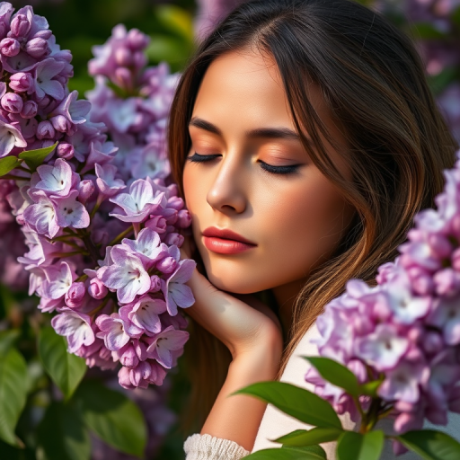 portrait of a young woman with closed eyes leaning on her hand in front of blooming lilac flowers, soft natural light, Canon EOS R5, ISO 100, f/1.8, 50mm lens, shallow depth of field, high-resolution detail