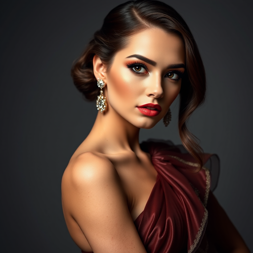 Studio portrait, female model, elegant couture dress, bold makeup, dramatic lighting, Shoot over the shoulder using a telephoto lens to focus on small details like jewelry, makeup, or fabric textures
