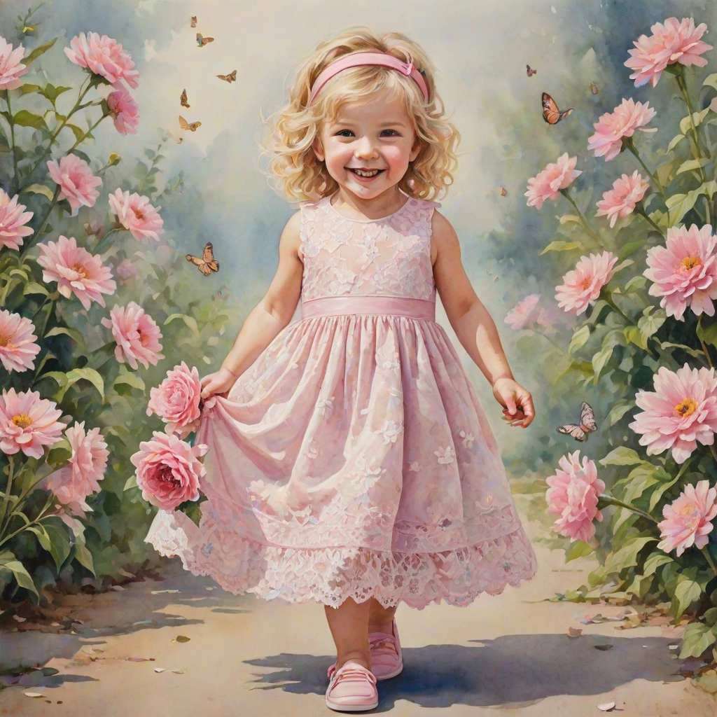 hyperrealism happy smiling toddler girl with messy wavy blonde hair with a headband, she is wearing a pink and white lace dress with pink and white shoes, she is holding a pink bouquet of flowers. Pink flowers and butterflies. summer background. Watercolor Highly detailed