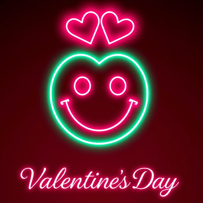 Create a vibrant digital illustration for Valentine's Day featuring a neon smiley face with two hearts, elegant cursive text saying "Happy Valentine's Day," shot with a DSLR camera at f/2.8 aperture, ISO 100, and a 50mm lens for sharp focus against a dark gradient background.