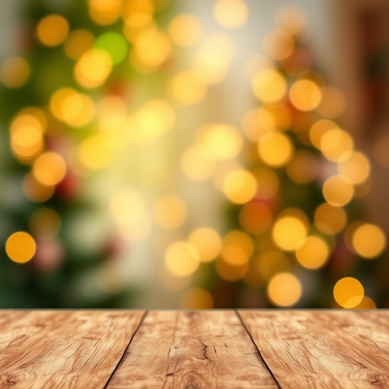 Create a blurred background with soft, glowing bokeh lights in shades of green and gold. Include a wooden table surface in the foreground, showcasing its texture and grain, to give a warm and inviting atmosphere. The overall scene should evoke a sense of tranquility and warmth, suitable for a festive or cozy setting.