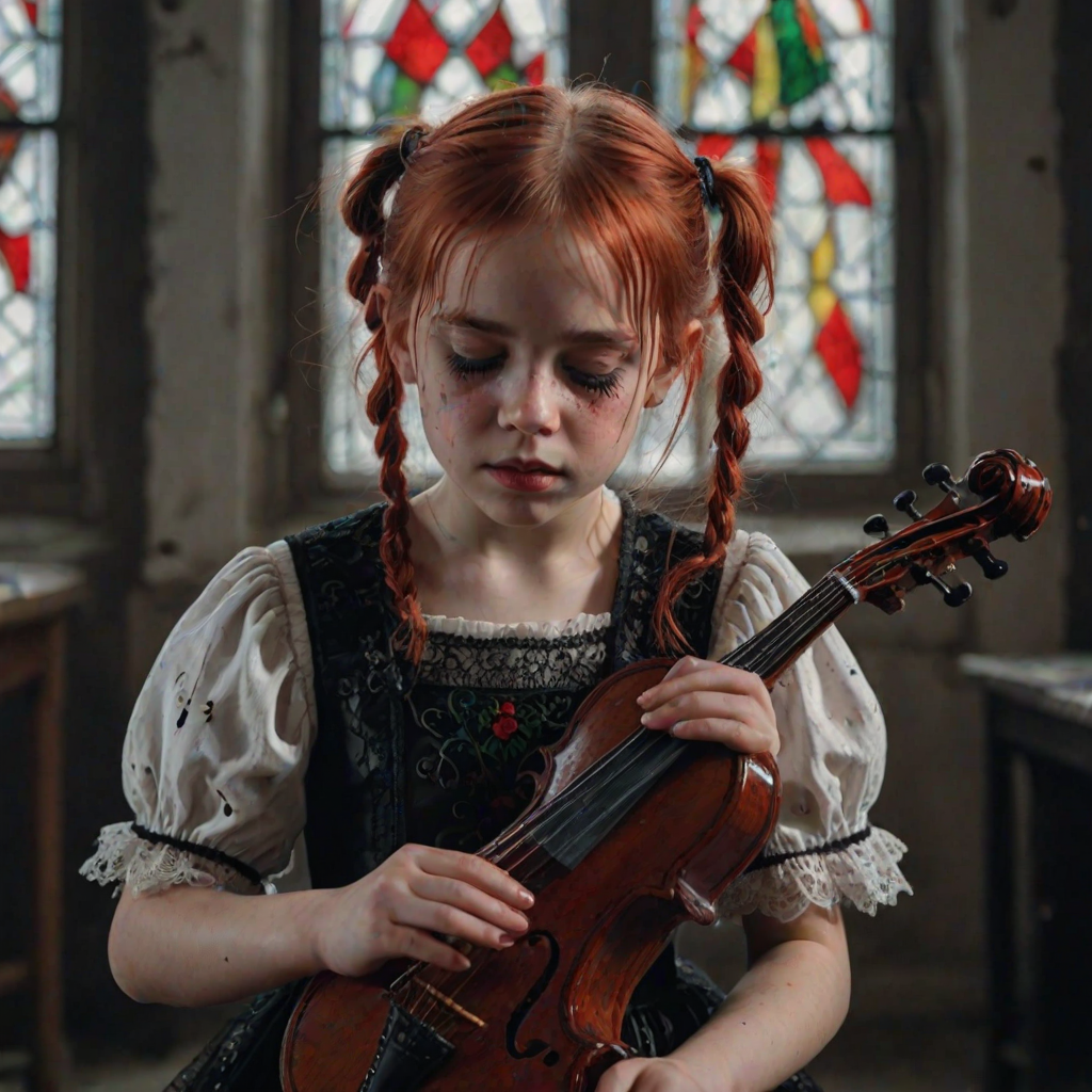 Close up realistic photo of a sad gothic little girl playing (instrument), red hair messy pigtails, black lace white dress with red detailed embroidery, abandoned gothic room with stained glass, closed eyes, horror cinematic lighting, dark fantasy, 4k, hdr,  uhd, detailed dress