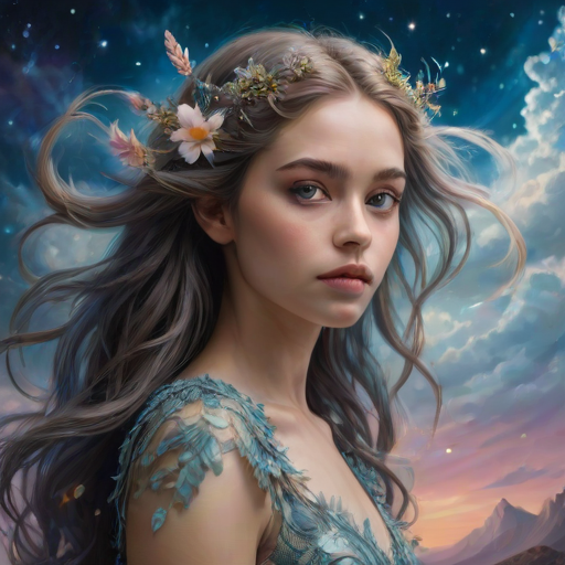 Create a series of imaginative portraits where each subject is infused with elements of fantasy and nature. The hair of the individuals should flow like clouds, varying from soft, fluffy cumulus to wispy cirrus strands, with hints of color reflecting a sunset or a clear blue sky. The eyes should be windows to entire galaxies, with stars, nebulae, and distant planets visible within them. Clothing should be adorned with nature motifs, such as floral patterns that bloom and change, vines that seem to grow and wrap around, or feathers that shimmer with iridescence. Each portrait should capture a unique personality, blending human features with the ethereal beauty of the natural and cosmic world. The backgrounds can vary, from starry night skies to enchanted forests, adding depth and context to the magical realism of the portraits