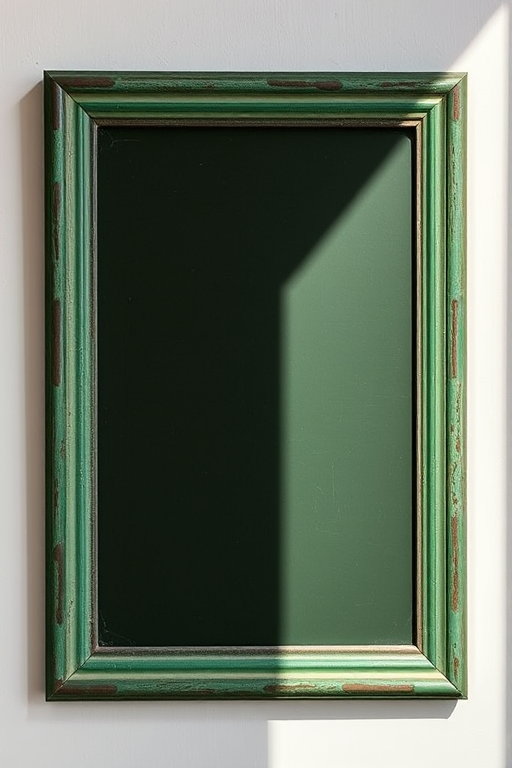 Capture a high-resolution image of a vintage matted frame with a textured green border, using a DSLR camera at f/4 aperture, ISO 100, 1/60 sec shutter speed, 50mm lens, natural lighting from the left, slight angle view for depth.