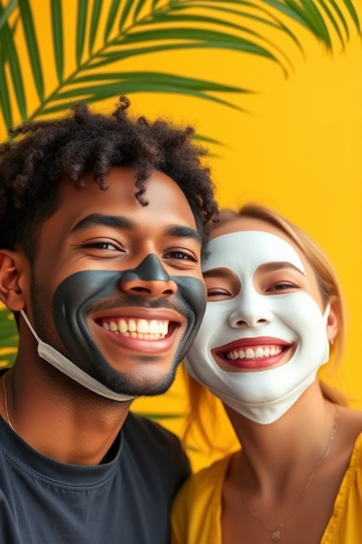 A couple smiling with facial masks on, against a yellow background with tropical leaves, captured with a Canon EOS R, 50mm lens, f/1.8 aperture, ISO 100, natural light for a soft and vibrant effect.