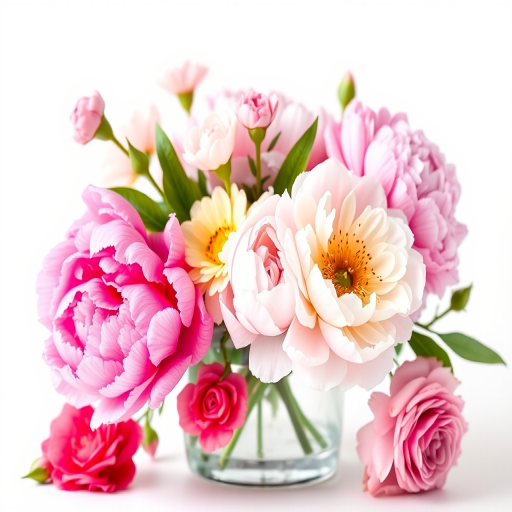generate a vibrant watercolor painting of peonies and carnations in a clear glass vase on a soft white background, using a DSLR camera with a 50mm lens, aperture set to f/1.8 for a shallow depth of field, natural lighting for soft highlights, and a vibrant color profile to enhance the floral details