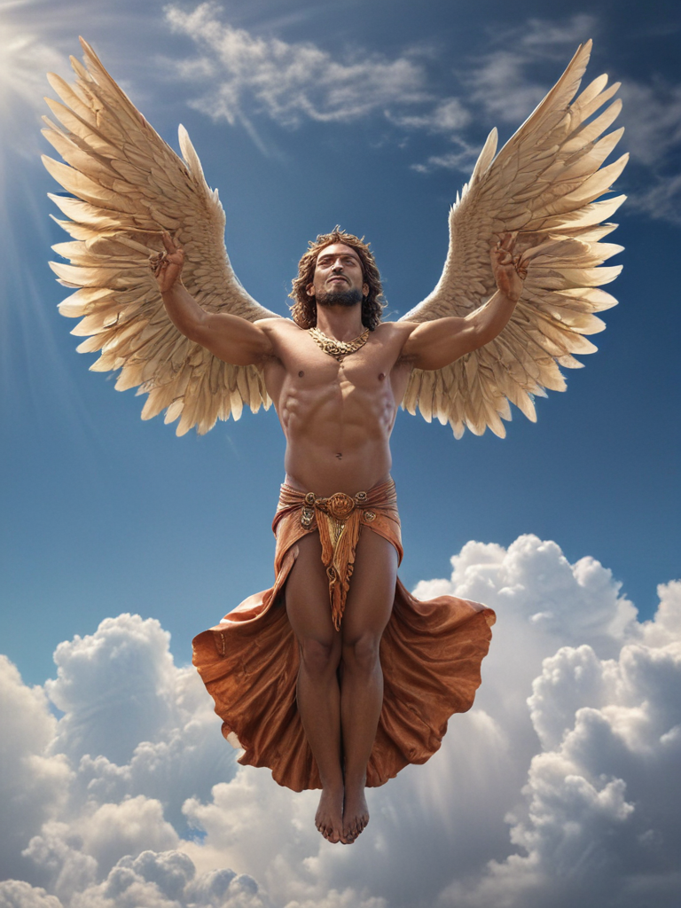 Majestic Angel with Powerful Wings Soaring Through a Bright Blue Sky