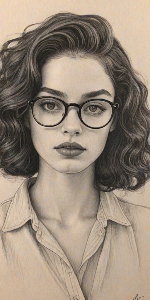 Magnificent Sabrina Claudio, pencil sketch, portrait of Sublime woman 1931s in glasses, hair style beatnik, outline, clear lines, fine lines, 8k