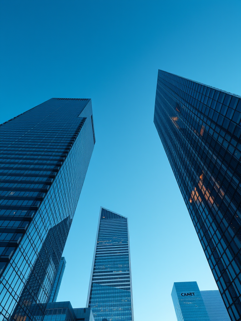 A high-resolution image of modern skyscrapers against a clear blue sky, captured with a Canon EOS R5, 24mm lens, aperture f/8, ISO 100, shot from a low angle to emphasize the architectural details and reflections.