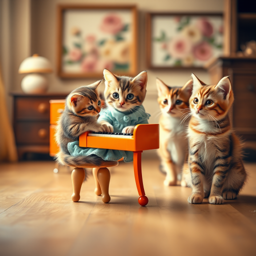 A charming scene of three cute cats in a vintage-style room. One cat, wearing a small, light-blue dress, sits on a tiny stool playing a miniature orange piano. Two other cats, with wide, curious eyes, watch the piano-playing cat intently. The room has warm lighting, with a cozy, old-fashioned aesthetic, soft wooden floors, and a blurred floral painting in the background. The overall mood is playful and whimsical, capturing the innocent curiosity of the cats. The image has a slightly worn, nostalgic feel, reminiscent of an old photograph.