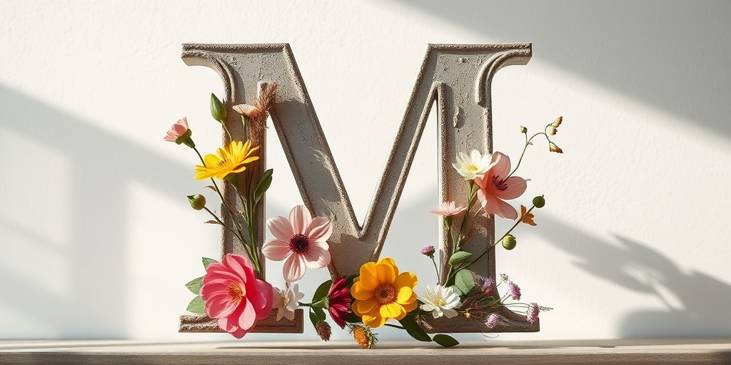 Create a high-resolution image of a stylized letter M with floral elements, using a Canon EOS R5 camera, 50mm lens, f/1.8 aperture, ISO 100, captured in soft natural light from a low angle to enhance texture and detail.