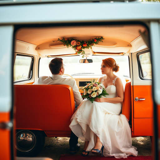 wedding couple sitting in a vintage orange van adorned with flowers, soft focus, natural lighting, 50mm lens, f/1.8, ISO 200, shallow depth of field, candid style, DSLR camera