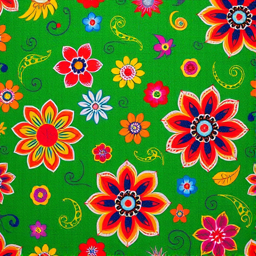 vibrant floral pattern with colorful flowers, paisleys, and swirls on a green background, macro shot, aperture f/4, shutter speed 1/125, ISO 200, DSLR photography, high saturation and contrast, top-down view