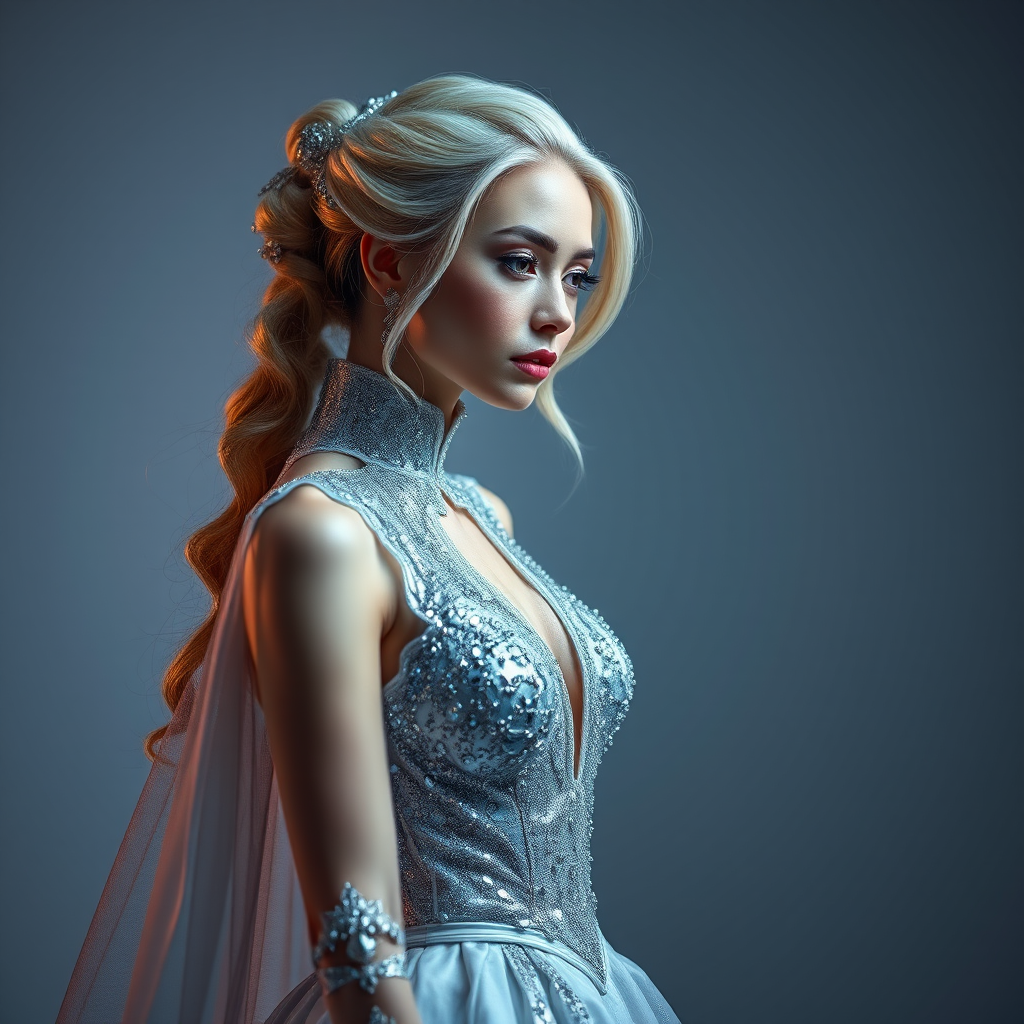 Create a highly detailed image of an elegant character in a shimmering silver gown, captured with a DSLR camera, 50mm lens, f/1.8 aperture, shot at 1/100s shutter speed, soft focus background, studio lighting.