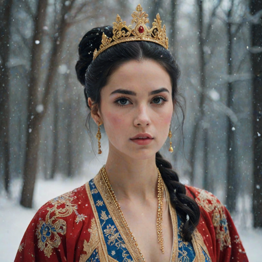 A young woman with long black hair styled in a high bun, adorned with a gold crown and intricate hair ornaments, stares intently at the viewer. She wears a vibrant red and gold embroidered robe with blue accents, a gold belt with a large ornate buckle, and a blue and gold shoulder piece. The woman is positioned in the center of the frame, with the background blurred and filled with falling snow. The image has a soft, ethereal feel with a focus on the woman's face and attire, creating a portrait-like composition. The colors are rich and saturated, with the red, gold, and blue of the clothing standing out against the muted blue and white of the snowy backdrop. The lighting is soft and diffused, casting a warm glow on the woman's face.  The overall mood is elegant and mysterious.  The details of the woman's attire, especially the intricate embroidery and embellishments, add a sense of opulence and grandeur.  The falling snow further enhances the sense of winter magic and wonder.
