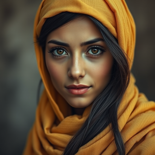 Create a portrait of a young Coptic woman with long, dark hair and captivating hazel eyes. She is wearing a Yellow headscarf and a matching scarf draped gracefully around her neck. The background is softly blurred, focusing attention on her serene and natural expression. The overall color palette is muted and warm, enhancing the intimate and authentic feel of the portrait.
