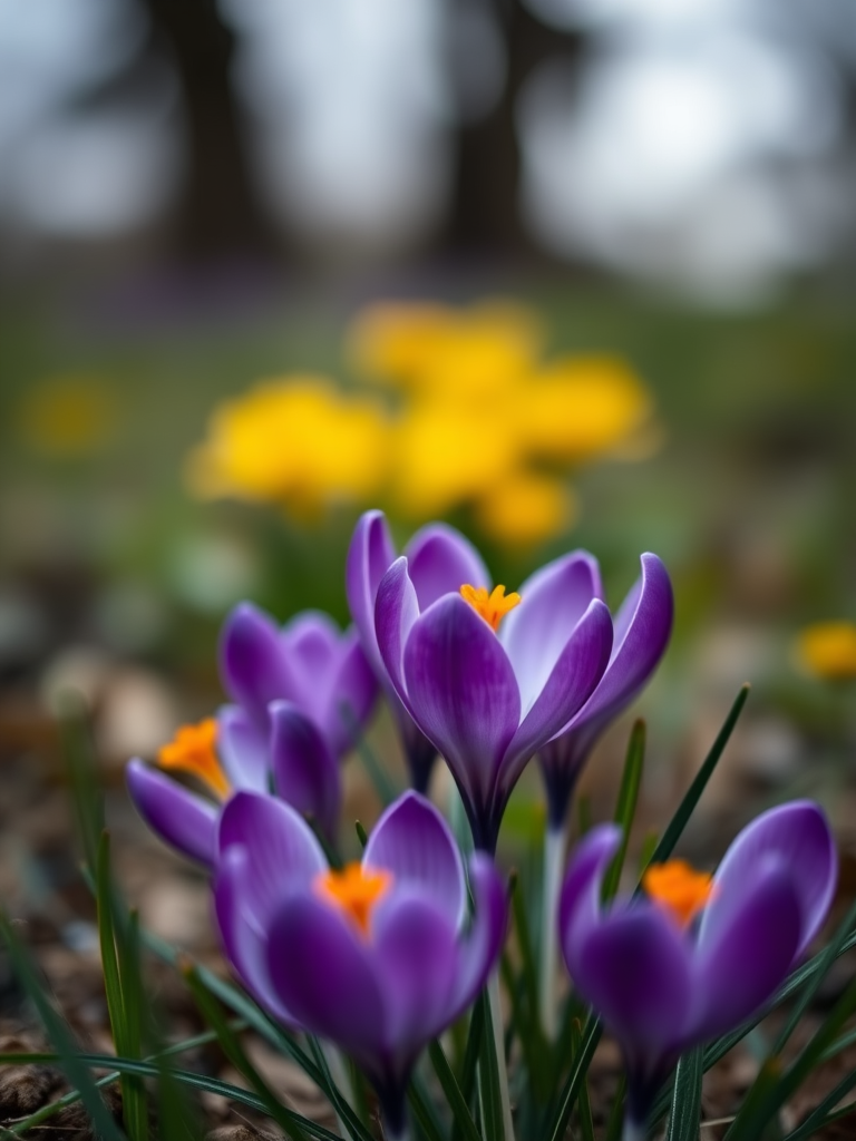 macro shot of vibrant purple crocus flowers with a blurred background, aperture f/2.8, shutter speed 1/250s, ISO 100, taken from a low angle with a Canon EOS R5, using a 100mm macro lens for sharp detail and depth of field.