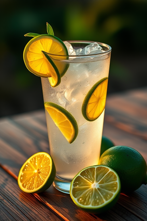 Create a high-resolution image of a refreshing cocktail in a clear glass filled with ice, garnished with lime slices, placed on a wooden surface with fresh limes beside it, captured with a Canon EOS 5D Mark IV, 50mm lens, f/1.8 aperture, ISO 100, natural light at sunset, shallow depth of field for a blurred background.