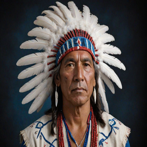 Create a dignified portrait of a Native American man dressed in traditional attire. He wears a beautifully crafted headdress adorned with white feathers and red beads, along with a beaded headband featuring intricate patterns. His clothing includes a deep blue, patterned shirt and a traditional chest piece with detailed beadwork. His arms are crossed, displaying leather armbands decorated with feathers. The background is simple and neutral, emphasizing his proud and stoic expression. The overall image captures the rich cultural heritage and strength of his persona.